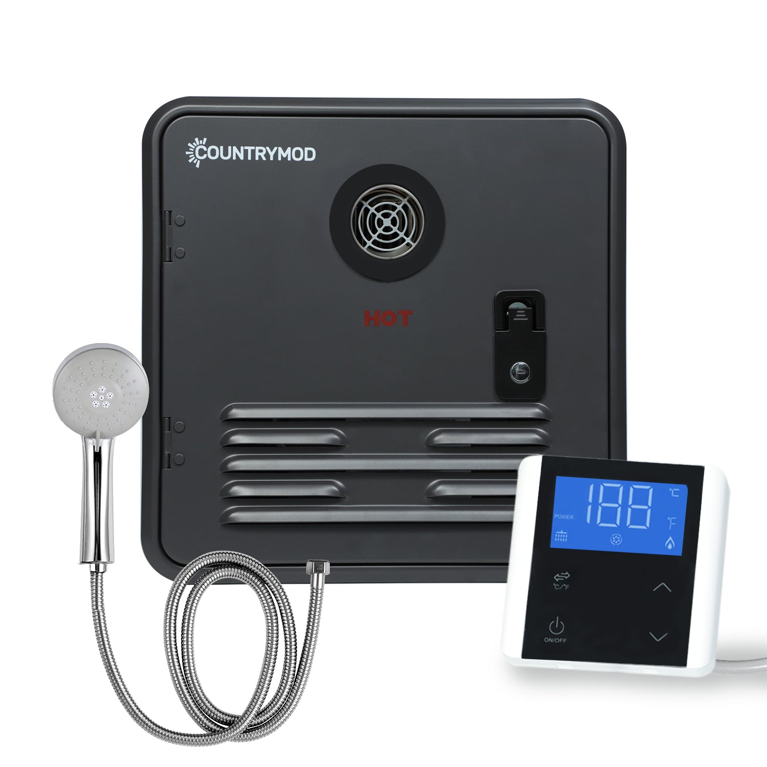 Upgraded 61,000 BTU Propane On-Demand RV Water Heater – 12V Tankless Design White Access Door & Outdoor Shower