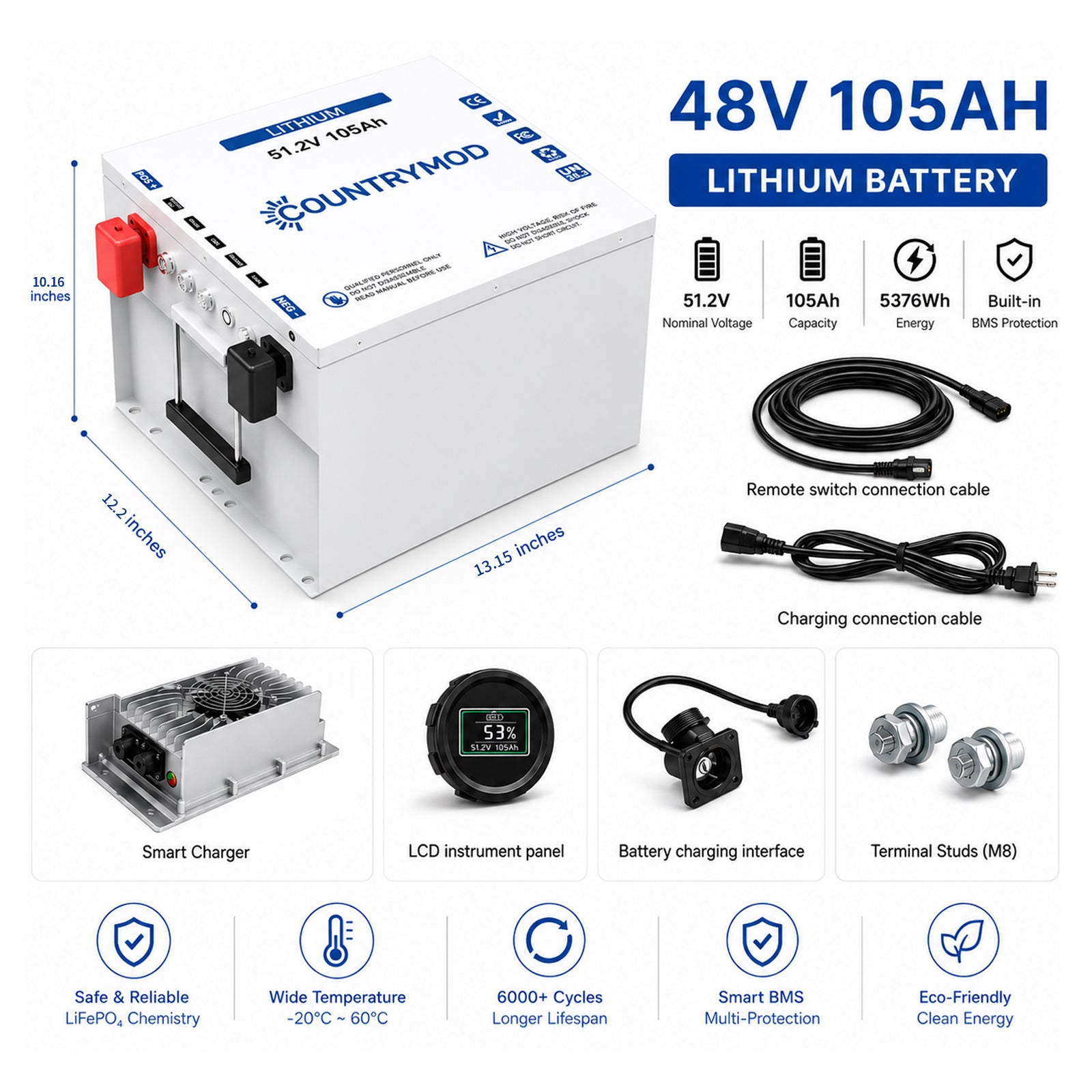 48V 105Ah LiFePO4 Battery 5.4kWh Home Solar & Off-Grid Storage System, Smart System & All-Weather Performance