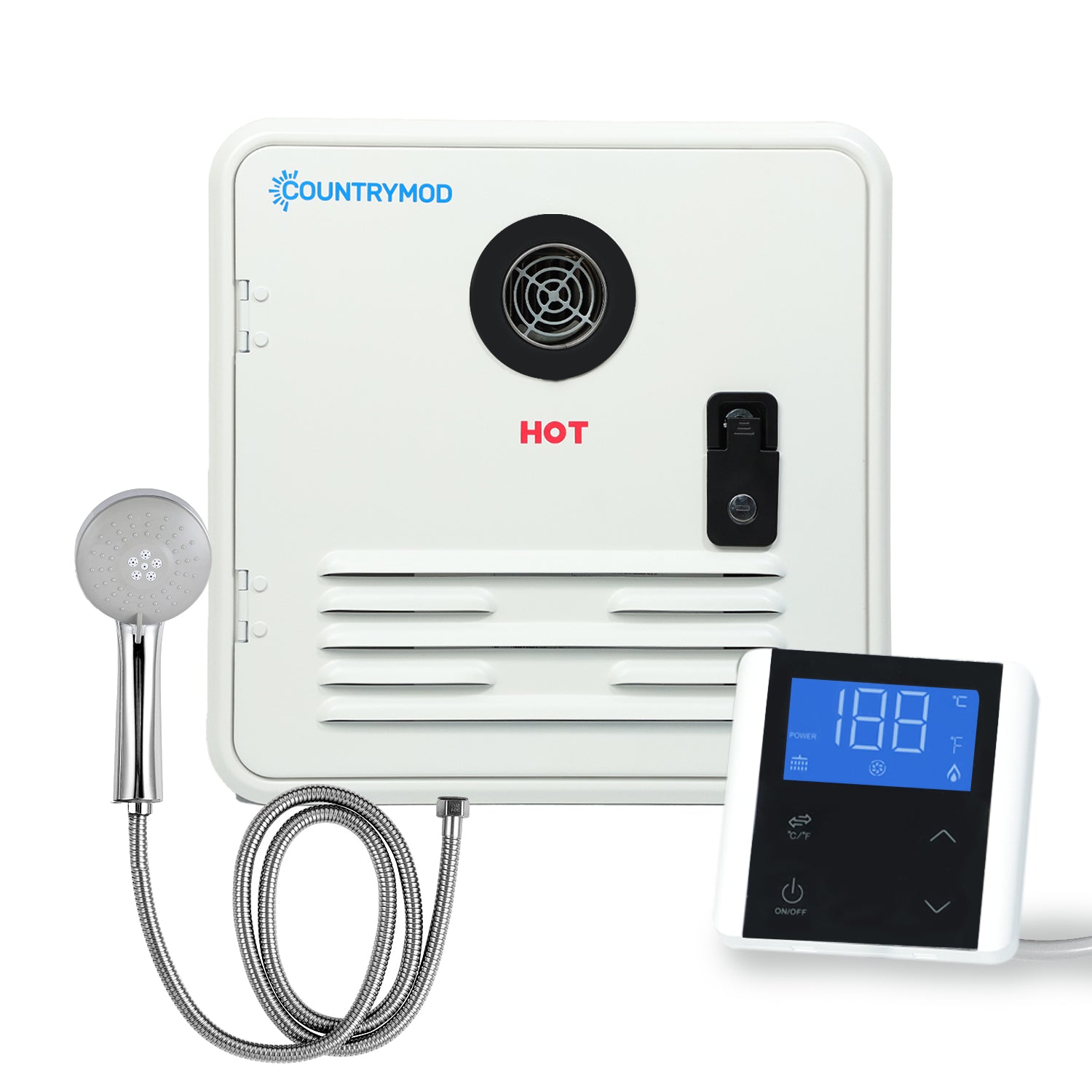 Upgraded 61,000 BTU Propane On-Demand RV Water Heater – 12V Tankless Design White Access Door & Outdoor Shower